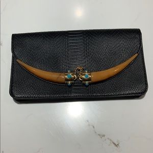 BCBG Maxazria black faux snake skin clutch